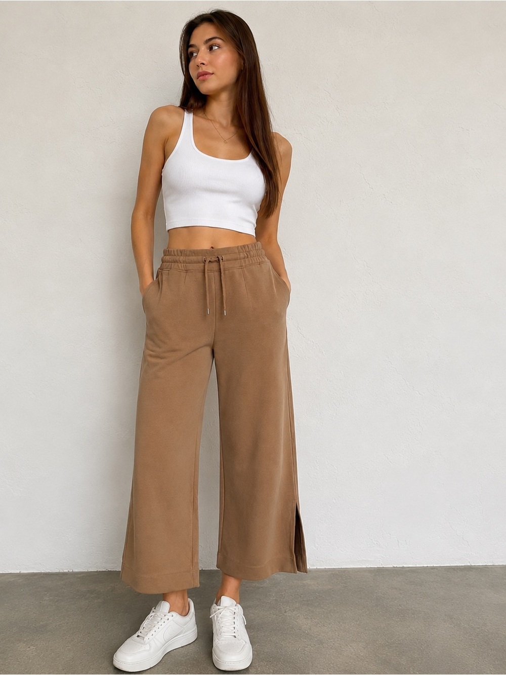 Lululemon Wide Leg Cropped Lounge Pants Tan Drawstring Pockets Size 4